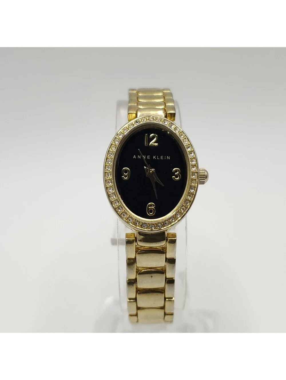 Anne Klein Oval Rhinestone Bezel Black Dial Womens Watch 19mm New Battery